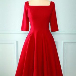 Red Vintage Boat Neck Knee Length Dress With Pockets